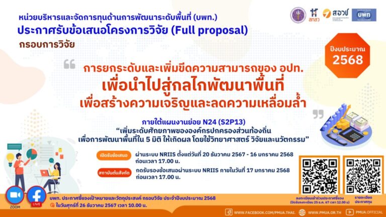 บพท.ประกาศรับข้อเสนอโครงการวิจัยฉบับสมบูรณ์ (Full proposal) กรอบการวิจัย “การยกระดับและเพิ่มขีดความสามารถขององค์กรปกครองส่วนท้องถิ่นเพื่อนำไปสู่กลไกพัฒนาพื้นที่เพื่อสร้างความเจริญและลดความเหลื่อมล้ำ” ประจำปีงบประมาณ 2568