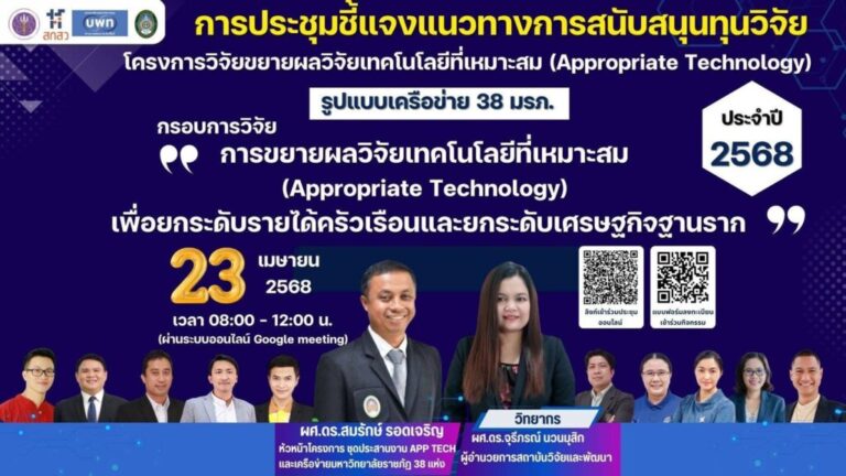 การประชุมชี้แจงแนวทางการสนับสนุนทุนวิจัย กรอบการวิจัย “การขยายผลการวิจัยและเทคโนโลยีที่เหมาะสม (Appropriate Technology) เพื่อยกระดับเศรษฐกิจฐานรากและแก้หนี้ครัวเรือน” ประจําปีงบประมาณ 2568