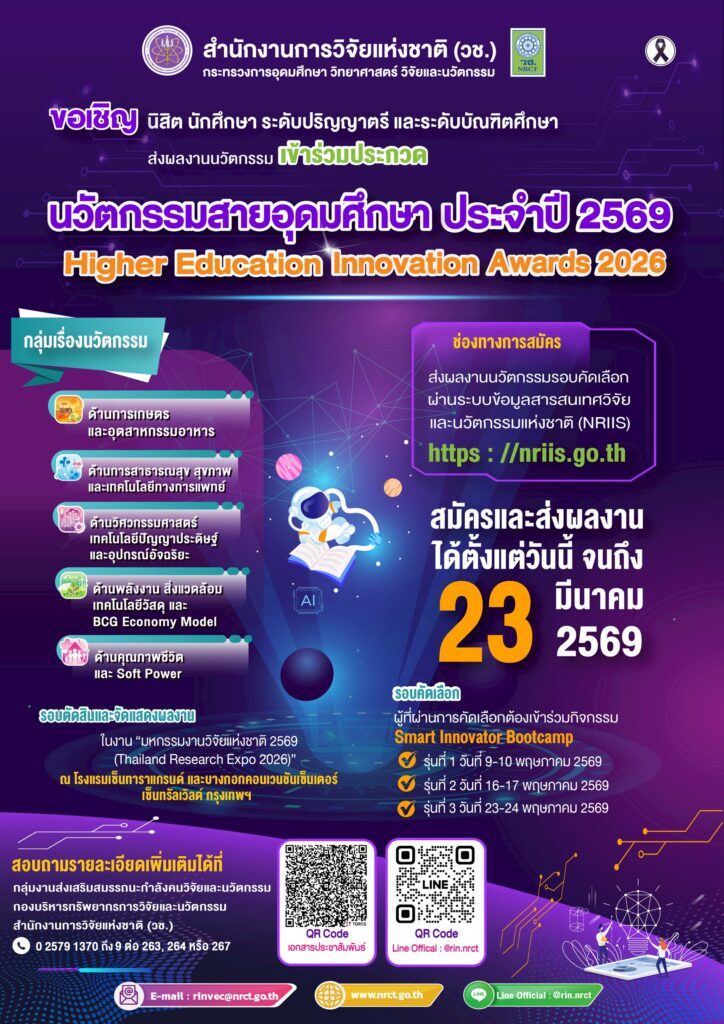ขอเชิญนิสิต นักศึกษา ส่งผลงานประกวดนวัตกรรมสายอุดมศึกษา ประจำปี 2569(Higher Education Innovation Awards 2026) โดย สำนักงานการวิจัยแห่งชาติ (วช.)